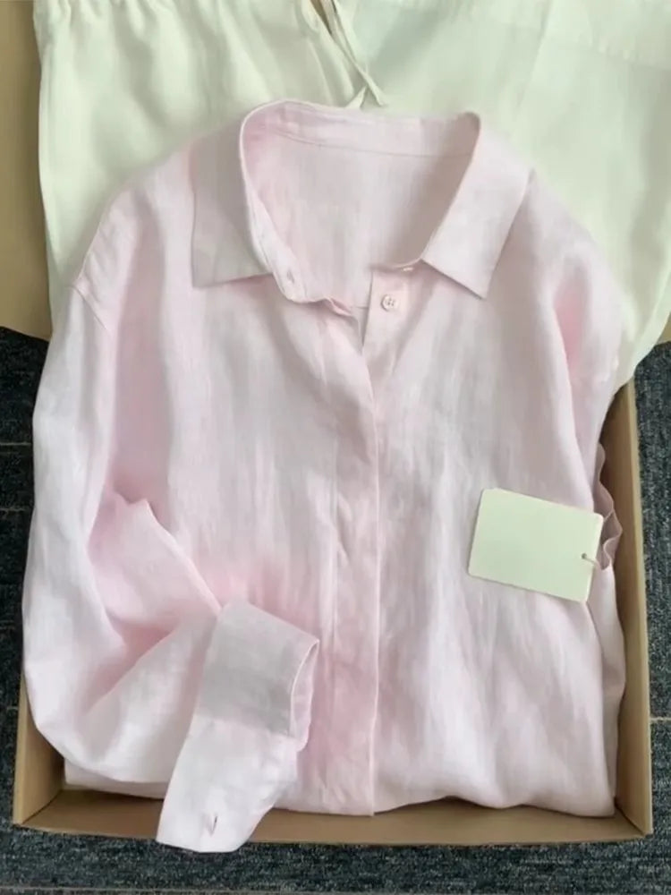 Casual Office Ladies Work Solid Color Linen Shirt Long Sleeve Spring Summer Single Breasted Loose Fit Fashion Women Blouses Tops