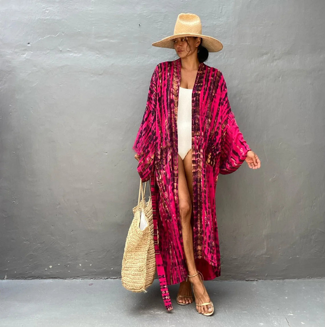 Long Kimono Swimsuit Cover up for Women Stylish Tie Dye Open Front Beach Outfits Bathing Suit