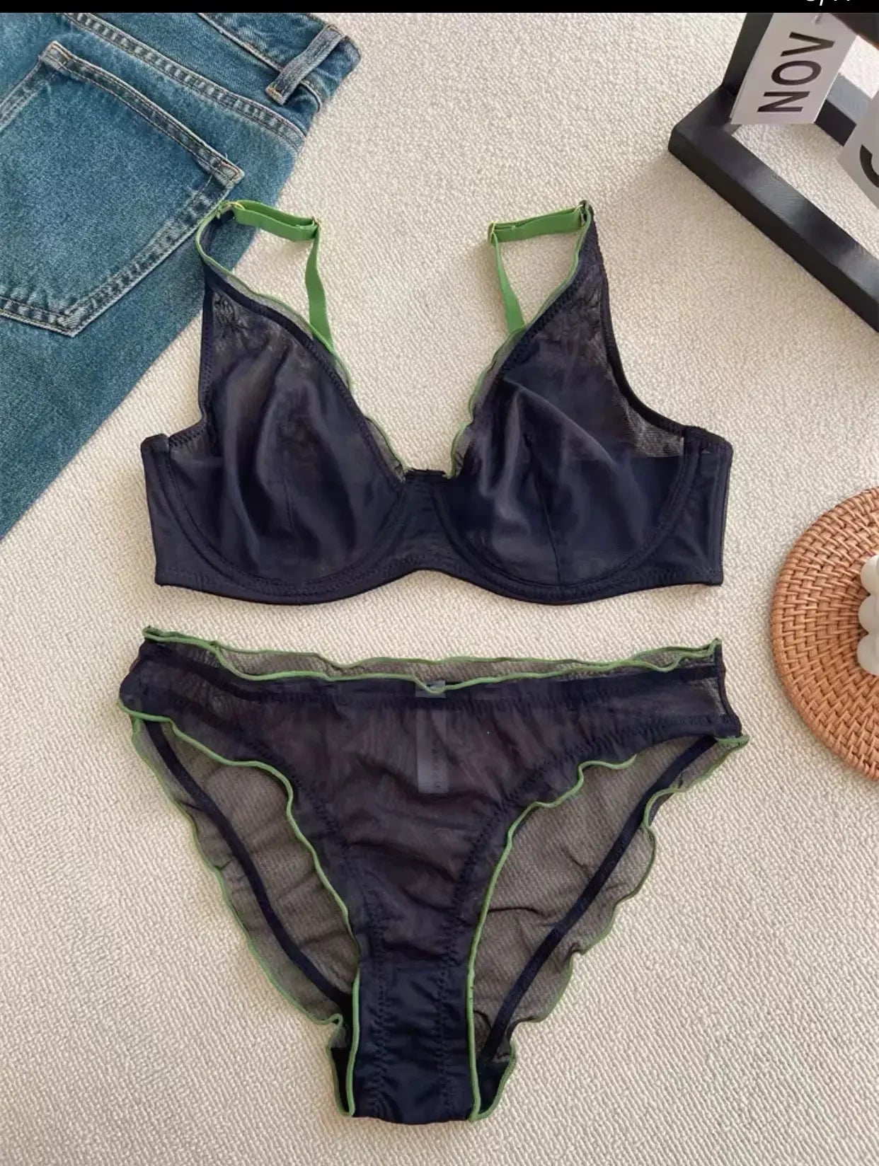 European Luxury Lingerie Set Full Cup Sheer Ultra Thin Bra & Panty Set Sexy Comfort for Women Large Small MOYISU Sexy Tushy S-XL