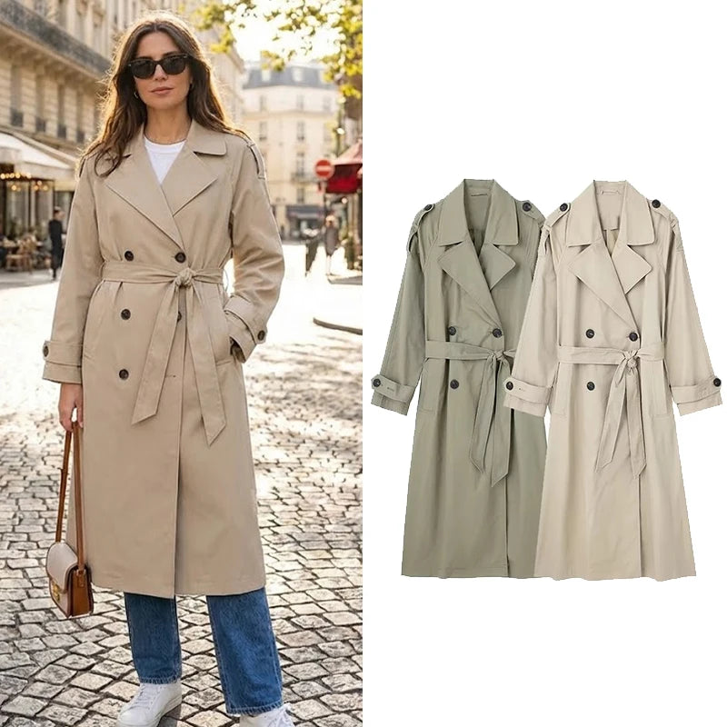 Willshela Women Fashion With Belt Solid Double Breasted Trench Vintage Lapel Neck Long Sleeves Female Chic Lady Outfits