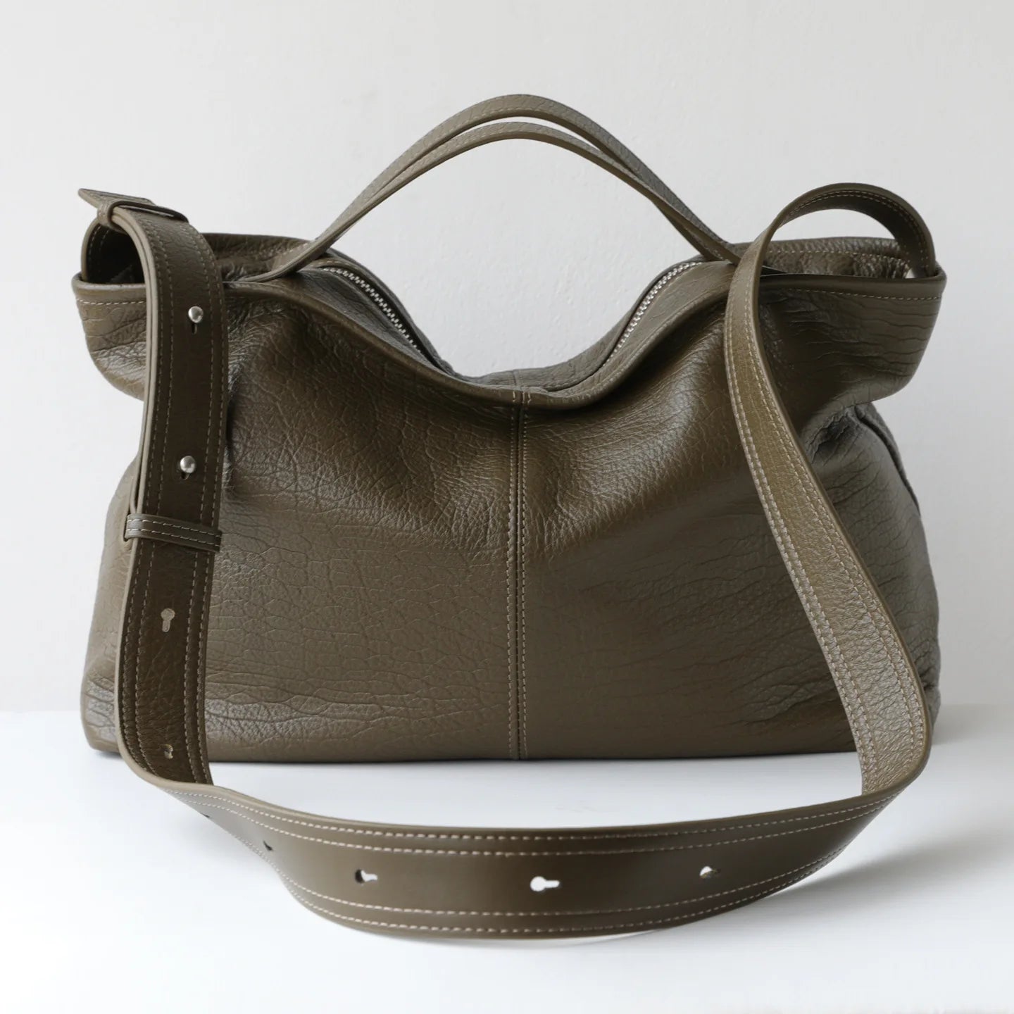Slouchy Style Elephant Grain Top Layer Cowhide Leather Women Handbag Leisure Sage Green Beautiful Shoulders Bag