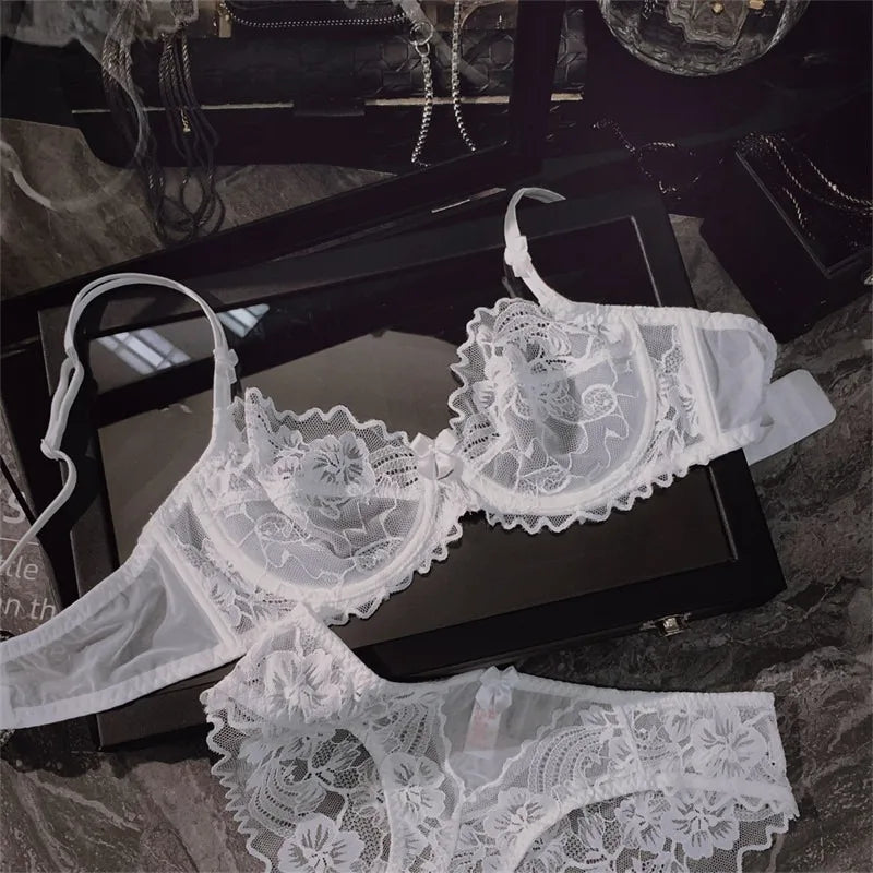 Chic French Ultra-thin Lace Lingerie Set, Large Breasts See-through Underwire Bra,small Bust Lift Elegant Soft Feminine Set S-xl