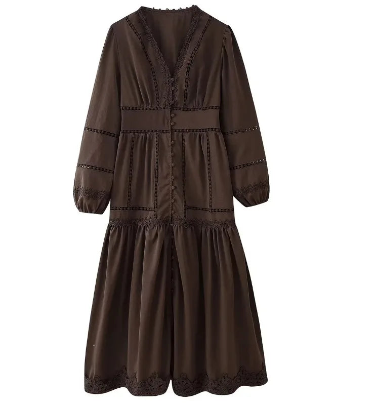 Elegant V Neck Lace Hollow Out Maxi Dress Women Puff Sleeve Embroidery Belt A-Line Elegant Spring New Lady Robes Summer 2025