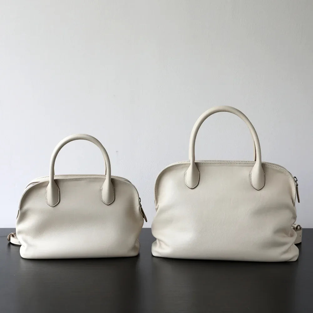 Light Luxury High Quality First-layer Cowhide Pleated Portable Large-capacity Shoulder Messenger Leather Commuter Bowling Bag