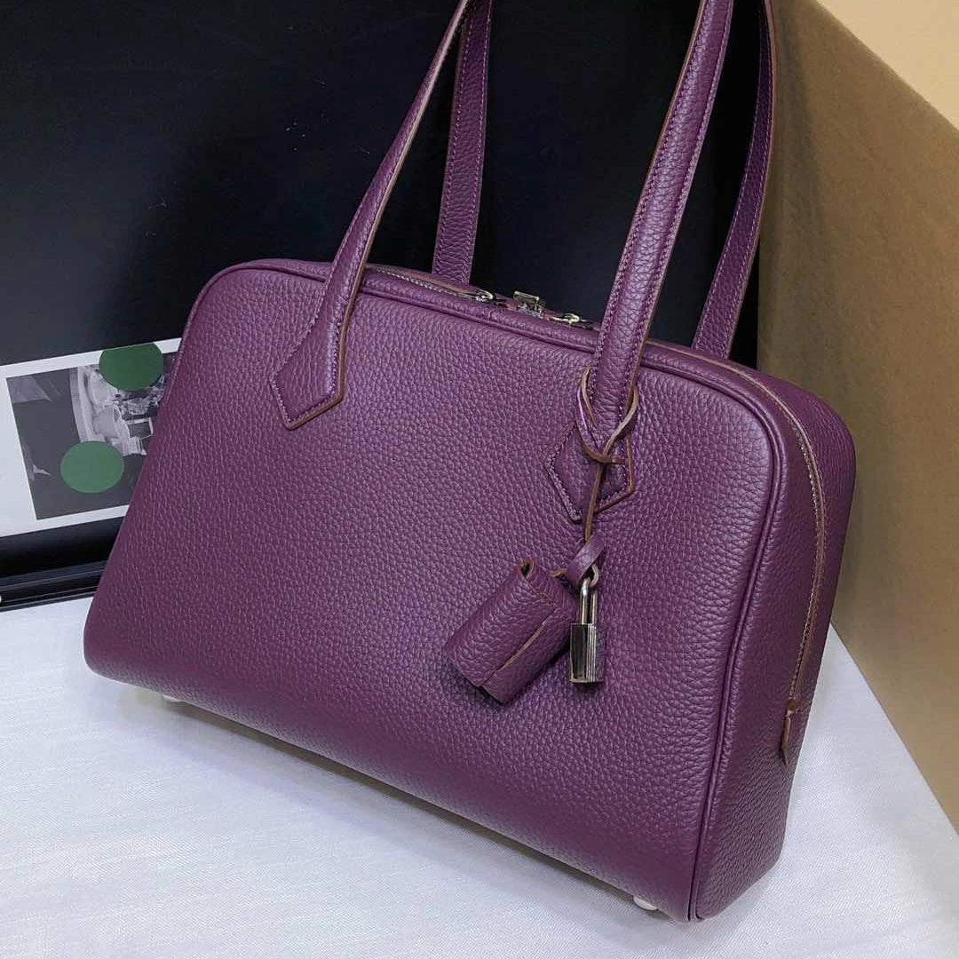 Genuine Leather Bowling Bag for Women, Top Layer Cowhide Handbag, Large Capacity Top Handle Bag, Small & Large Size