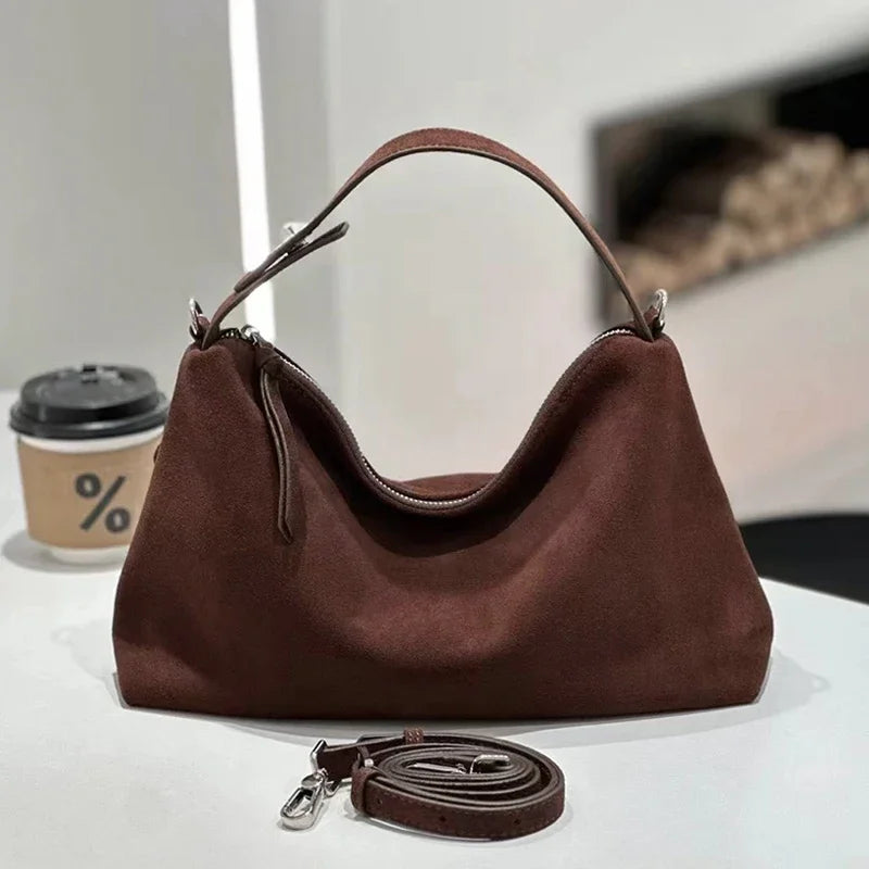 Russian Women's Genuine Suede Cowhide Leather Shoulder Bag Retro Frosted Cow Large Capacity Versatile Commuting Luxury Designer