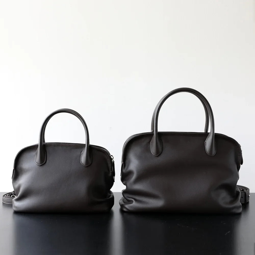 Light Luxury High Quality First-layer Cowhide Pleated Portable Large-capacity Shoulder Messenger Leather Commuter Bowling Bag