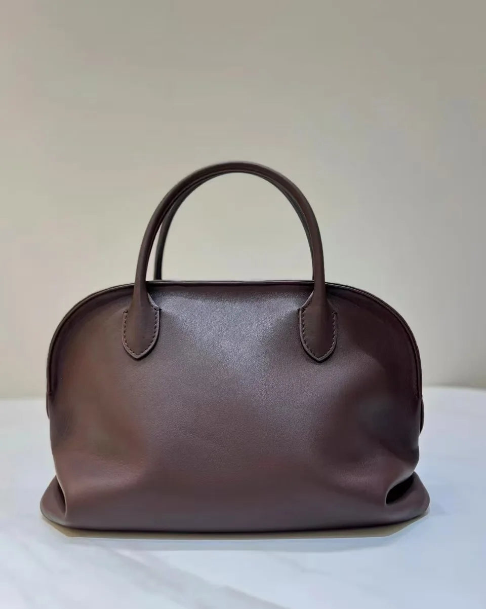 Light Luxury High Quality First-layer Cowhide Pleated Portable Large-capacity Shoulder Messenger Leather Commuter Bowling Bag