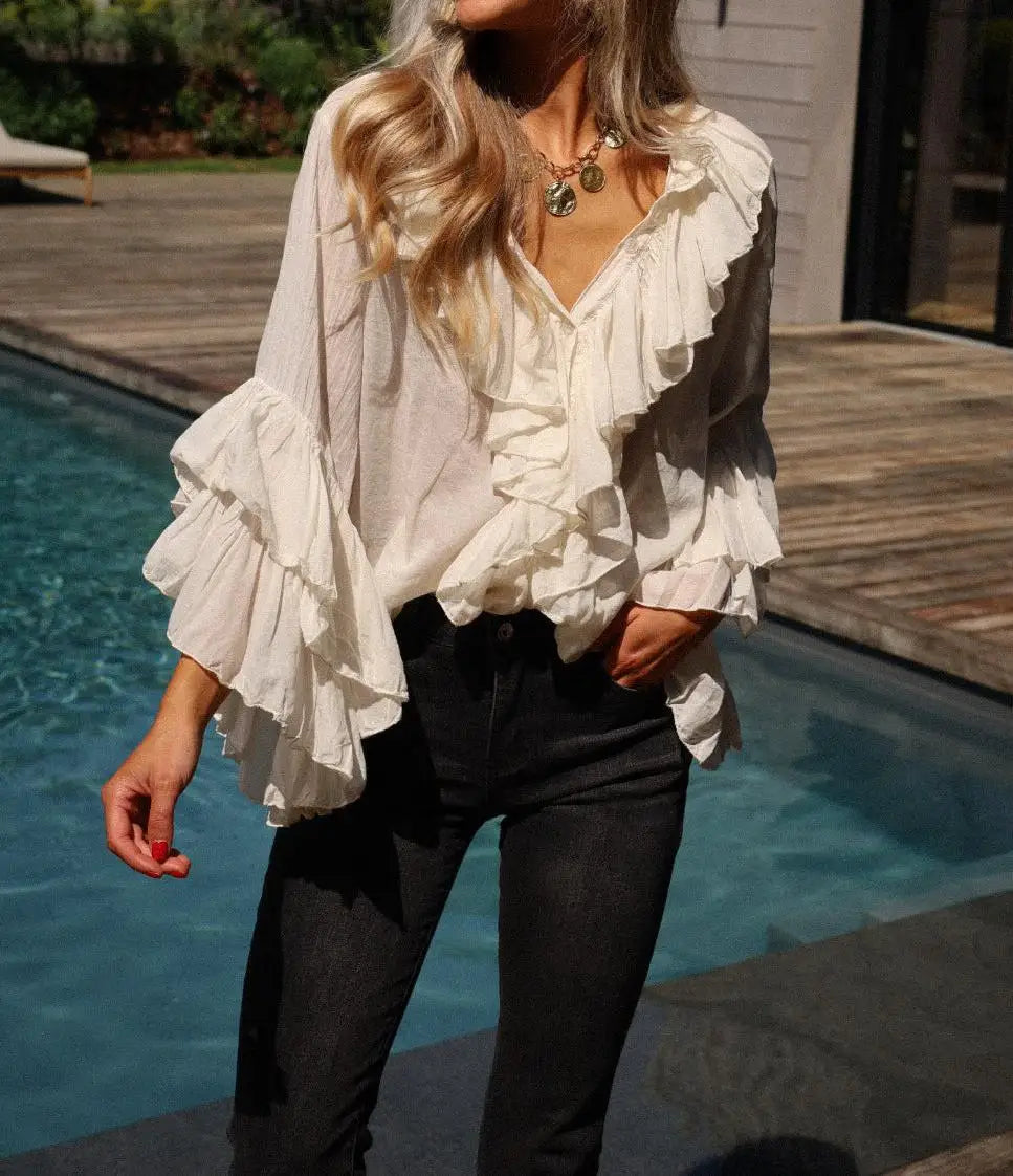 New Fashion Women Ruffle Sheer Blouse Casual Loose V Neck Long Sleeve Shirts for Spring Summer Streetwear Hot Sale S M L