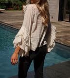 New Fashion Women Ruffle Sheer Blouse Casual Loose V Neck Long Sleeve Shirts for Spring Summer Streetwear Hot Sale S M L