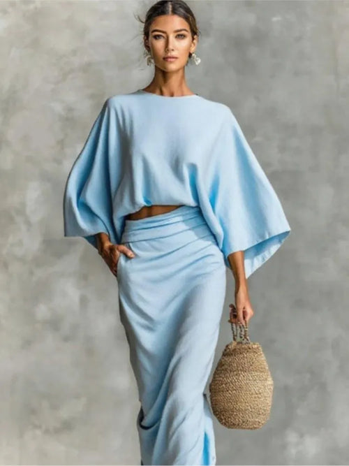 2025 New Fashion Bat Sleeve Shirt + Skirt Suit Women Autumn Casual Loose Solid Color Home Top Long Skirt For Women