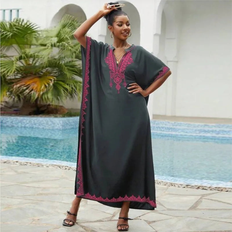 Women Vintage Loose Dress Cotton Beach Cover-up Embroidered Robe Vacation Sun Protection Bikini Cover-up Sexy Dresses For Women