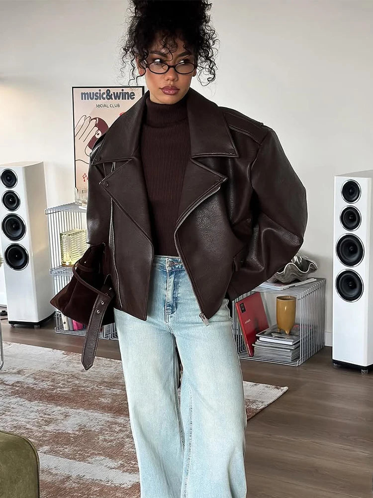 Casual Dark Red  Zipper Leather Short Jackets Women Long Sleeve Lace Up Lapel Loose Button Coat Lady Daily High Street Wear 2025