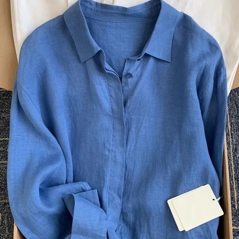 Casual Office Ladies Work Solid Color Linen Shirt Long Sleeve Spring Summer Single Breasted Loose Fit Fashion Women Blouses Tops