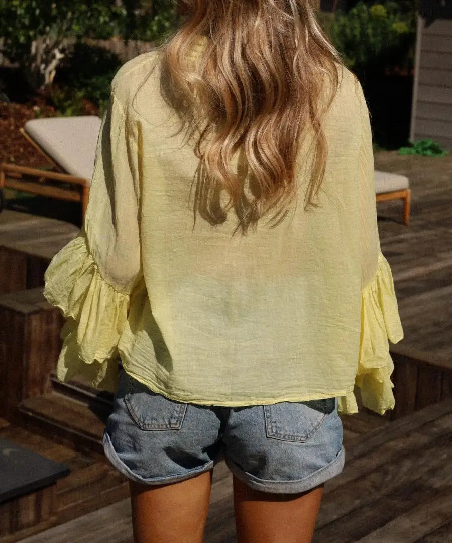 New Fashion Women Ruffle Sheer Blouse Casual Loose V Neck Long Sleeve Shirts for Spring Summer Streetwear Hot Sale S M L