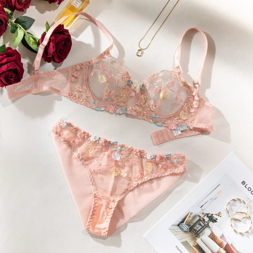 Floral Embroidery Sheer Transparent Lingerie Set Women Sheer Bra + Brief Underwear Set Back Sexy Intimates BOHO