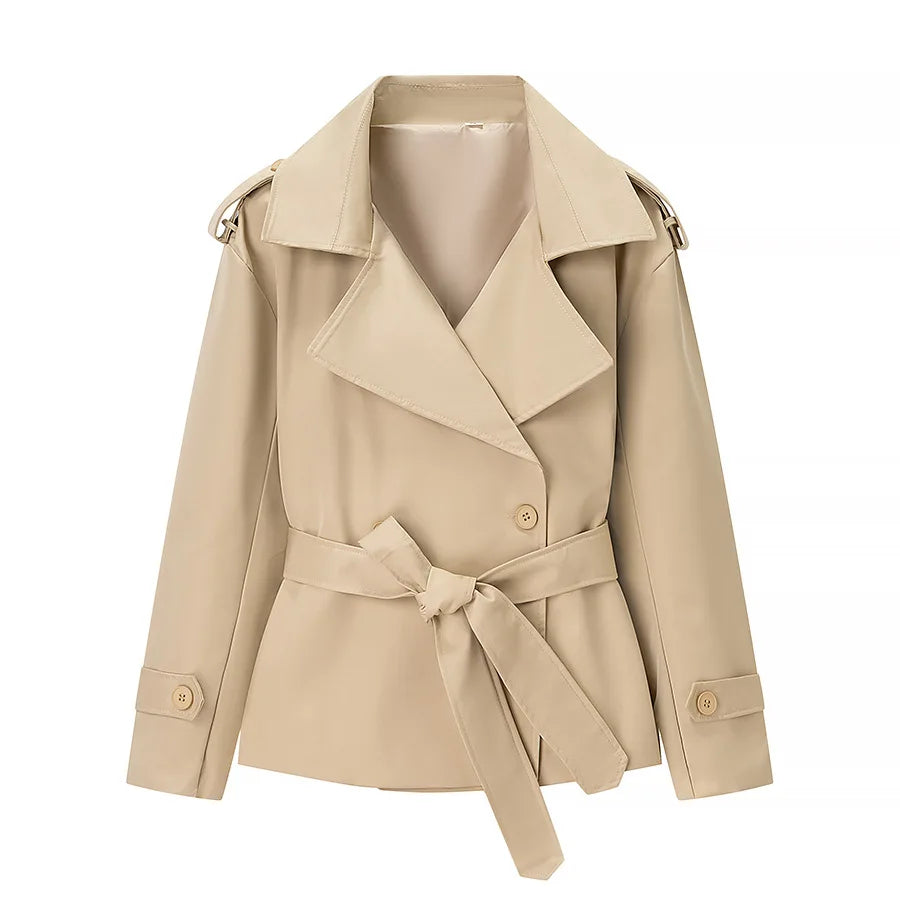 Aliexpress's Best-selling Cross-border European and American Style Women's Solid-color Belted Short Jacket Trench Coat Fashion