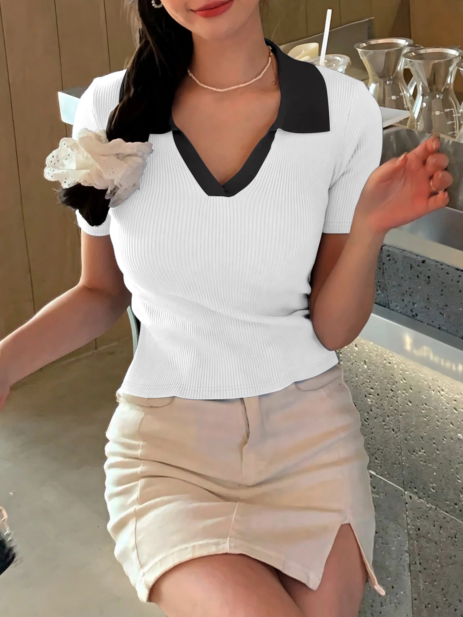 Summer Women's Shirt V-neck Short Sleeve POLO Shirt Clash Color Ribbed New Fashion Casual Women's Tops Sweet Style