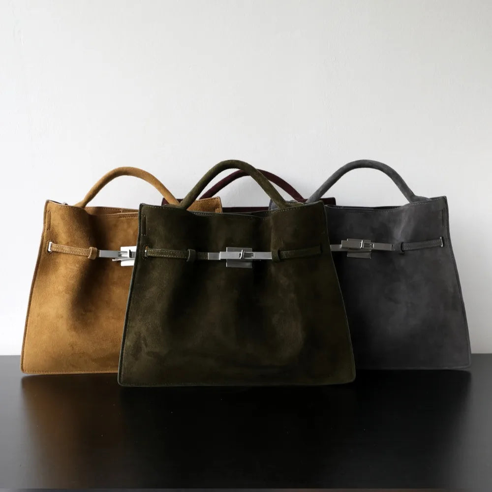 Niche Light Luxury Autumn Winter Lock Retro Suede Bag High Texture Portable Shoulder Crossbody Commuter Tote Bag Large Capacity