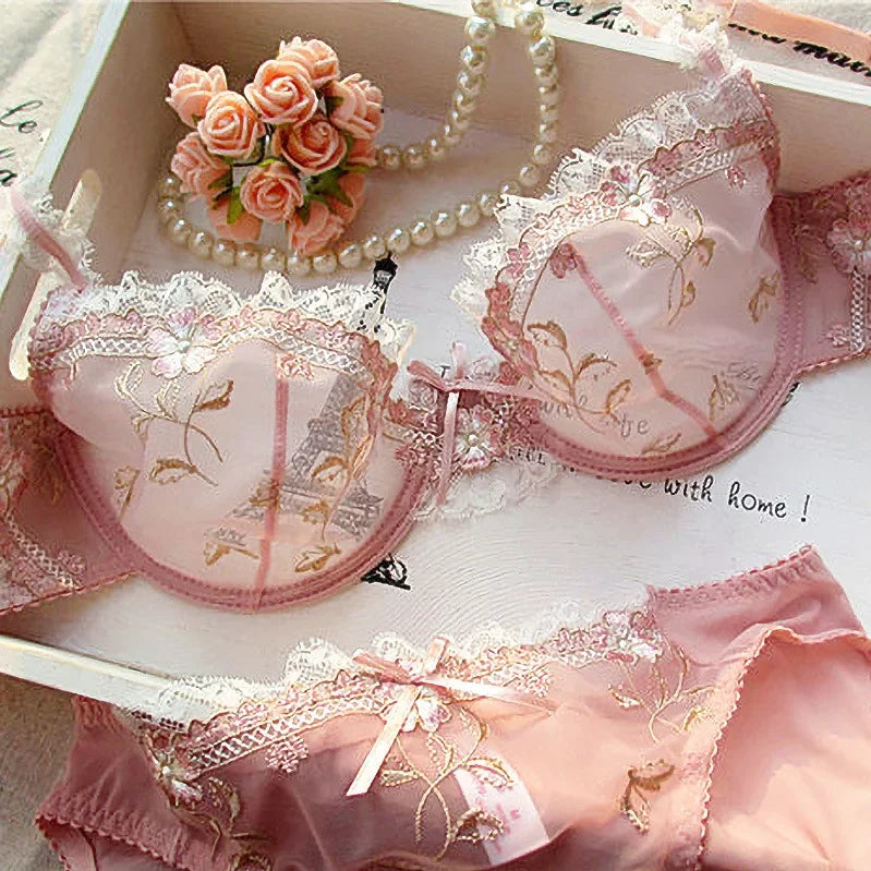 MOYISU New Arrival Luxury Pure Desire Lace Tulle Sexy Panties Lingerie Set Lilacs Embroidery Girl Boobs Big Size Big Boobs Small