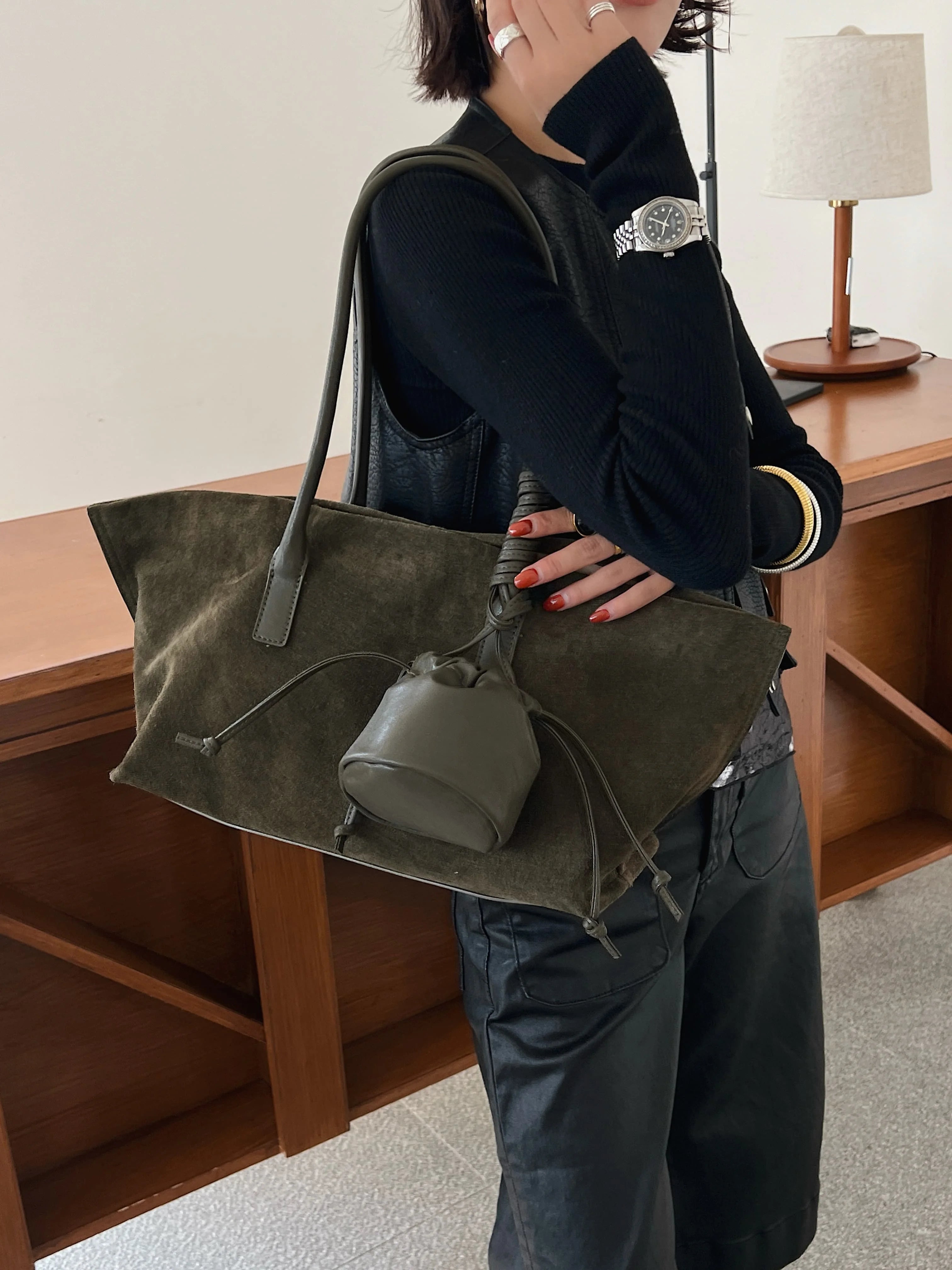 Vintage Large Capacity Suede Tote Bag Designer Trapeze Shoulder Bags for Women Luxury Genuine Leather Handbag and Purse 2025