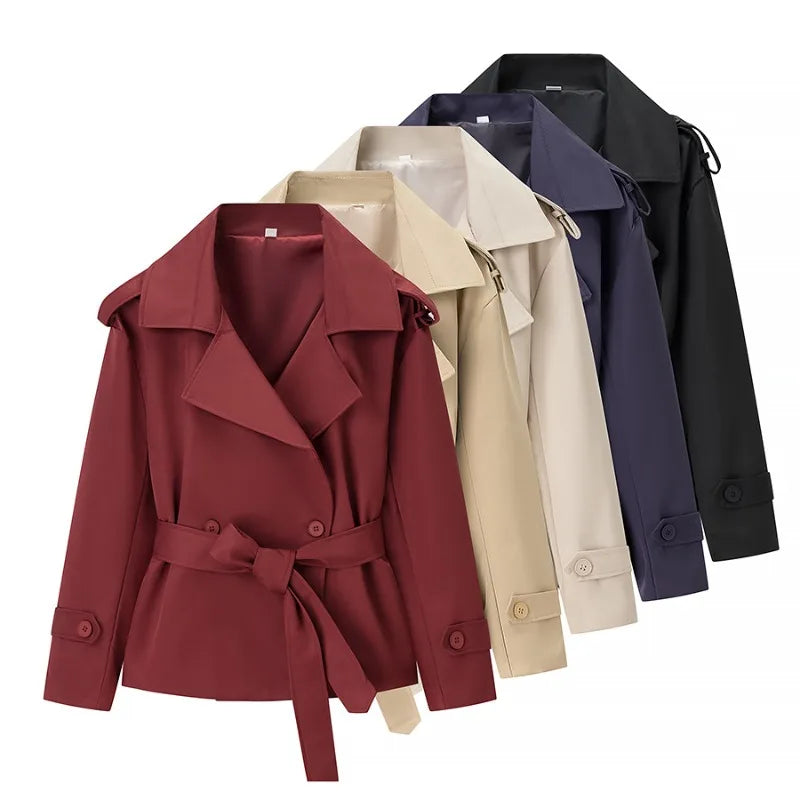 Aliexpress's Best-selling Cross-border European and American Style Women's Solid-color Belted Short Jacket Trench Coat Fashion