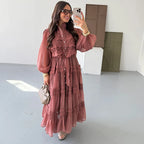 Elegant Hollow Out Women's Long Dresses Lantern Sleeves Lace Up Pearl Single Breasted Dress 2026 Spring Summer Female Solid Robe