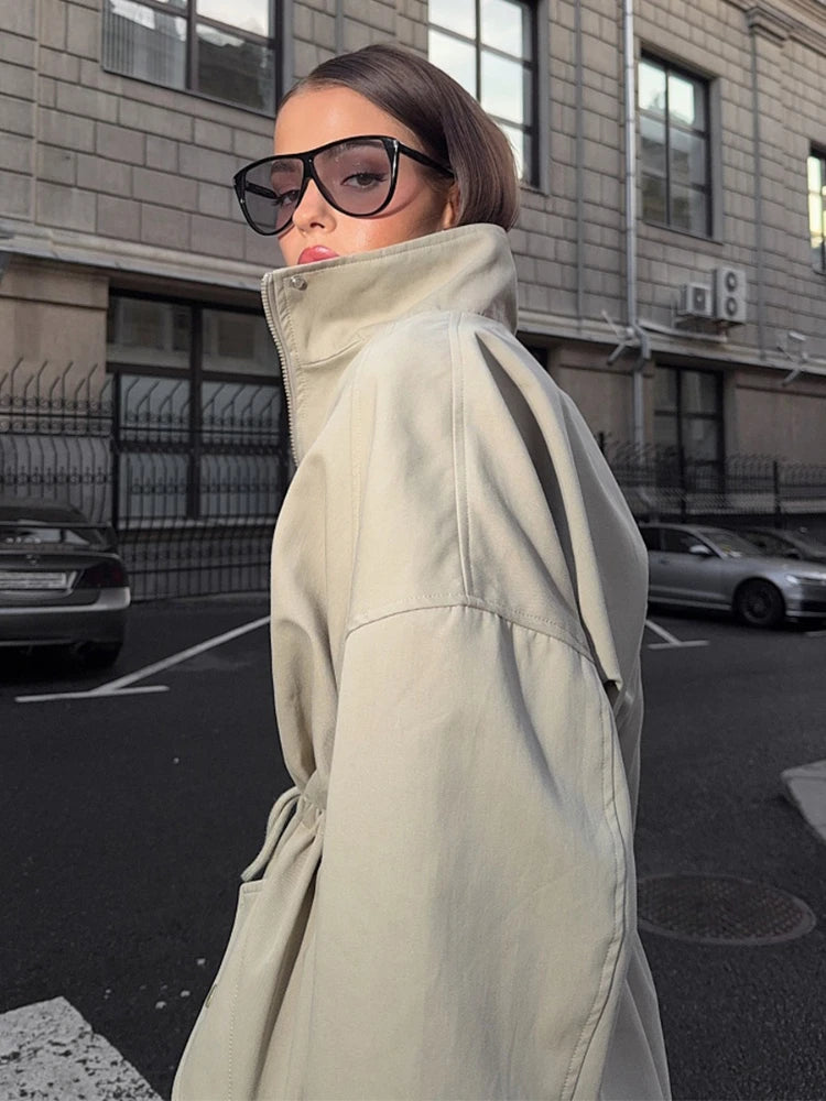 Tossy Stand Collar Lace-Up Trench Jacket Fashion Female Autumn 2025 Commute Long Sleeves Casual Women's High Waist Trench Coat
