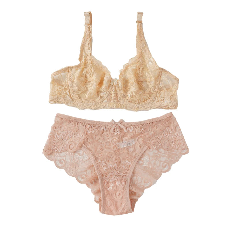 Women's Sexy Lace Thin Bras Suit Non-pad Exquisite Push-up Bra Solid Breathable Underwire G-String Panties Underwear Set