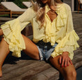 New Fashion Women Ruffle Sheer Blouse Casual Loose V Neck Long Sleeve Shirts for Spring Summer Streetwear Hot Sale S M L