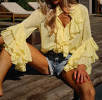 New Fashion Women Ruffle Sheer Blouse Casual Loose V Neck Long Sleeve Shirts for Spring Summer Streetwear Hot Sale S M L