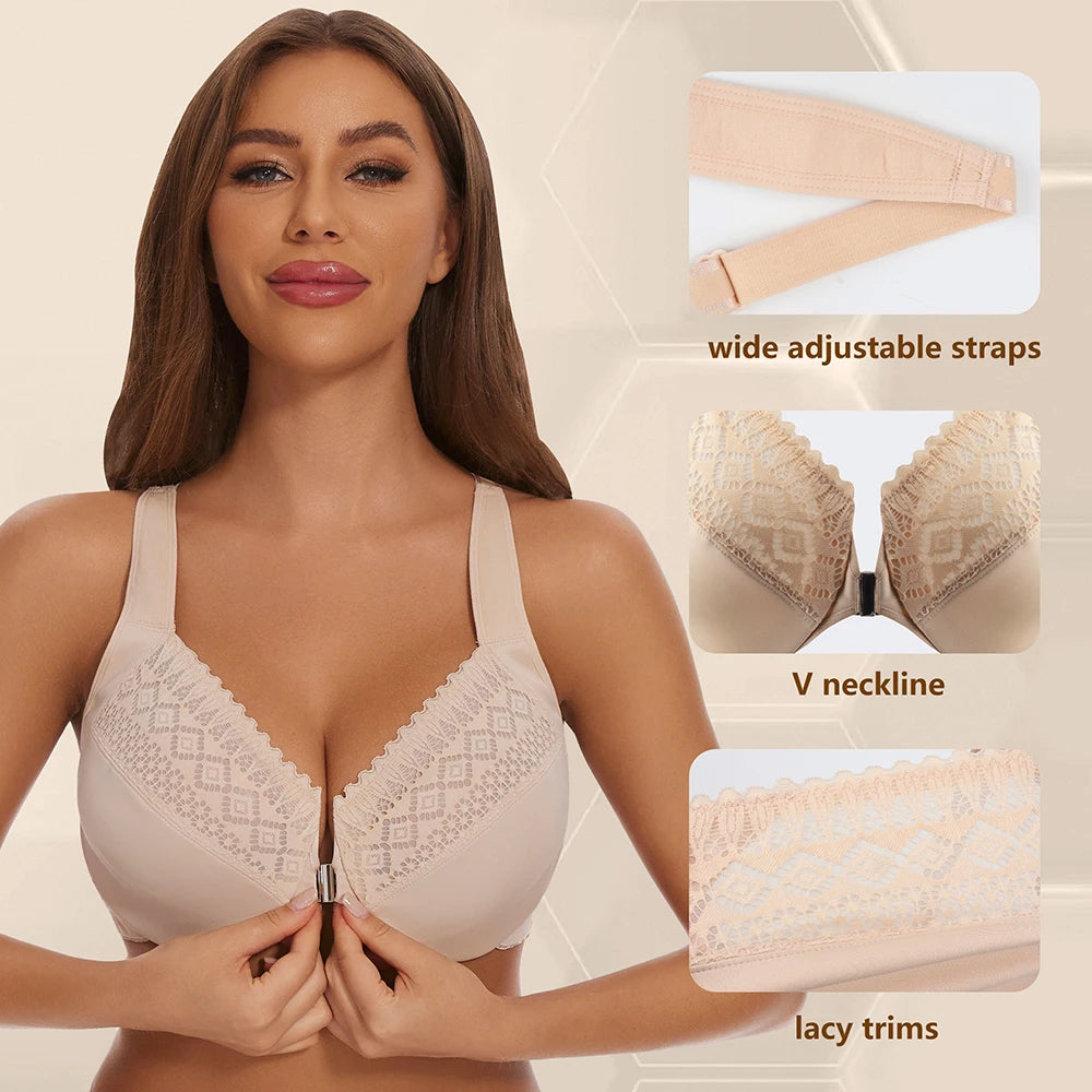 Sheroine Plus Size Lace Bra, Front Closure Full Coverage Underwire Unpadded Racerback Bra, Supportive and Comfort for Daily Wear