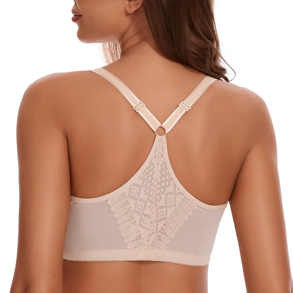 Sheroine Plus Size Lace Bra, Front Closure Full Coverage Underwire Unpadded Racerback Bra, Supportive and Comfort for Daily Wear