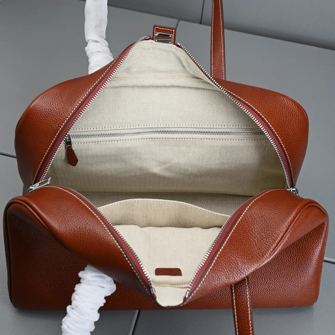 Genuine Leather Bowling Bag for Women, Top Layer Cowhide Handbag, Large Capacity Top Handle Bag, Small & Large Size