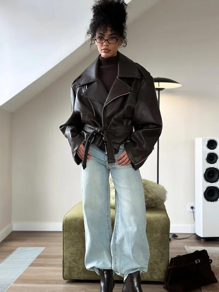 Casual Dark Red  Zipper Leather Short Jackets Women Long Sleeve Lace Up Lapel Loose Button Coat Lady Daily High Street Wear 2025