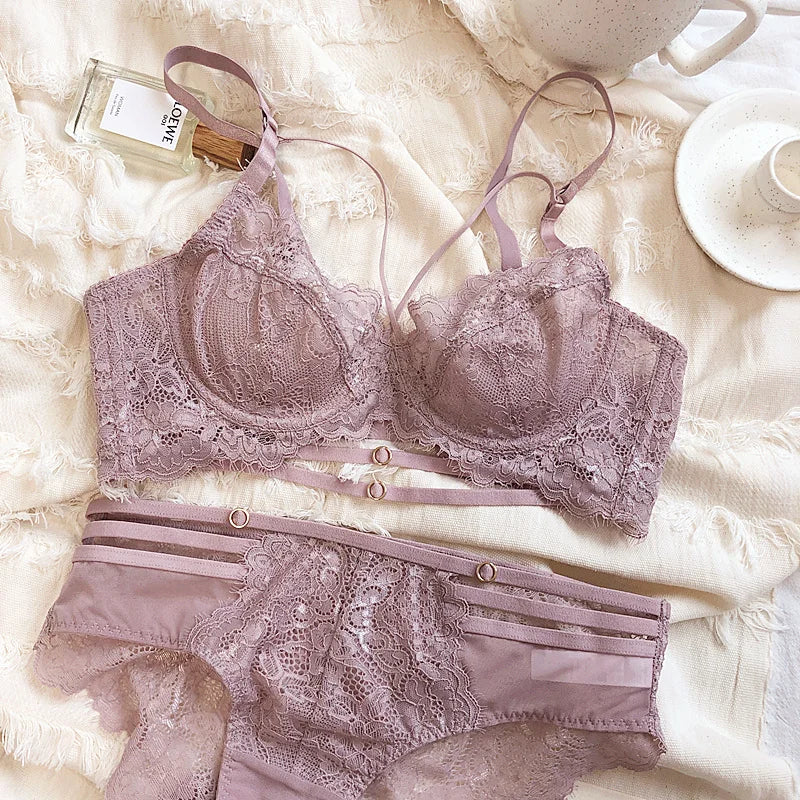 2 Pieces Sexy Hollow Push Up Bra Set French Lace Embroidery Underwear for Women Summer Ultra Thin Breathable Intimates Lingerie