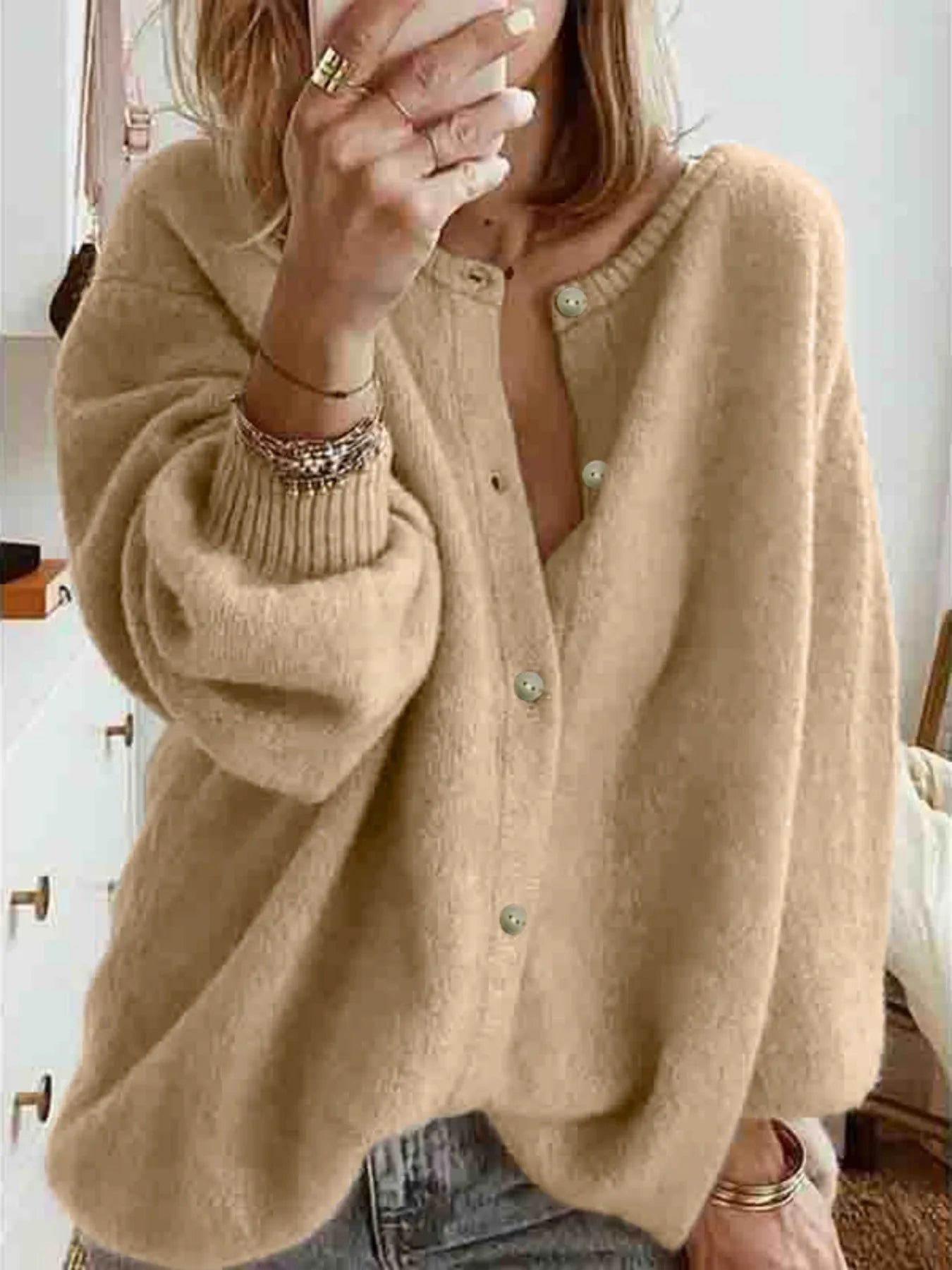 Women's Beige Oversized Knit Cardigan