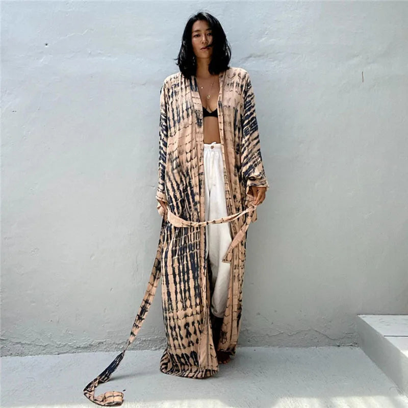 Long Kimono Swimsuit Cover up for Women Stylish Tie Dye Open Front Beach Outfits Bathing Suit