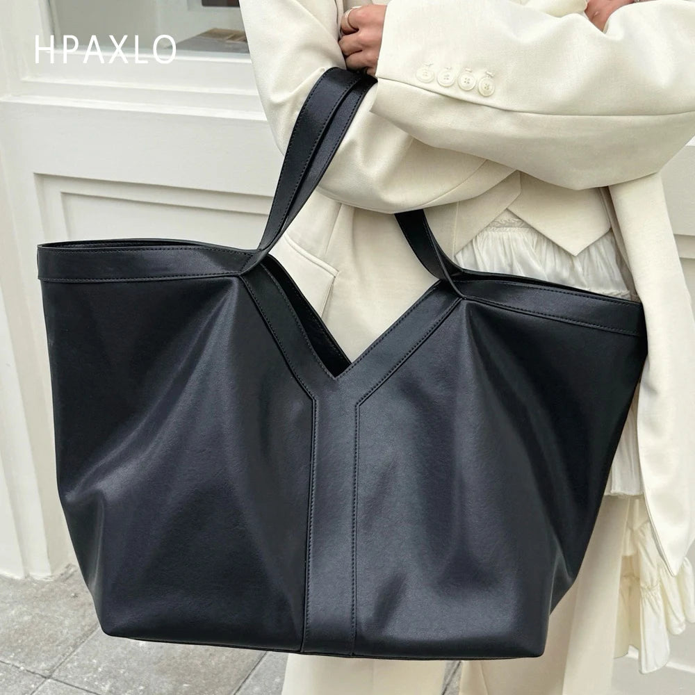Genuine Leather Large Tote Bag Simple Design Womens Shoulder Bag High Quality Purse Fashion Commuter Handbag No Logo Versatile