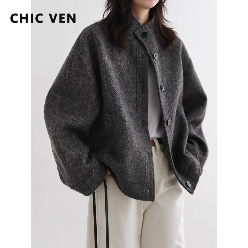 Women Short Woolen Twill Texture Single Breasted Coat