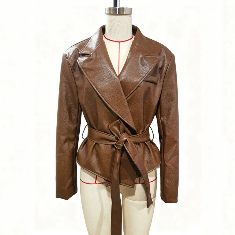 Motorcycle PU Leather Jacket Women 2026 Lace Up Turndown Collar Short Coat Jacket Full Sleeve Soft Leather Jacket New Outwear