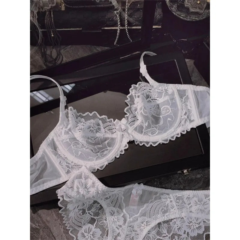 Chic French Ultra-thin Lace Lingerie Set, Large Breasts See-through Underwire Bra,small Bust Lift Elegant Soft Feminine Set S-xl