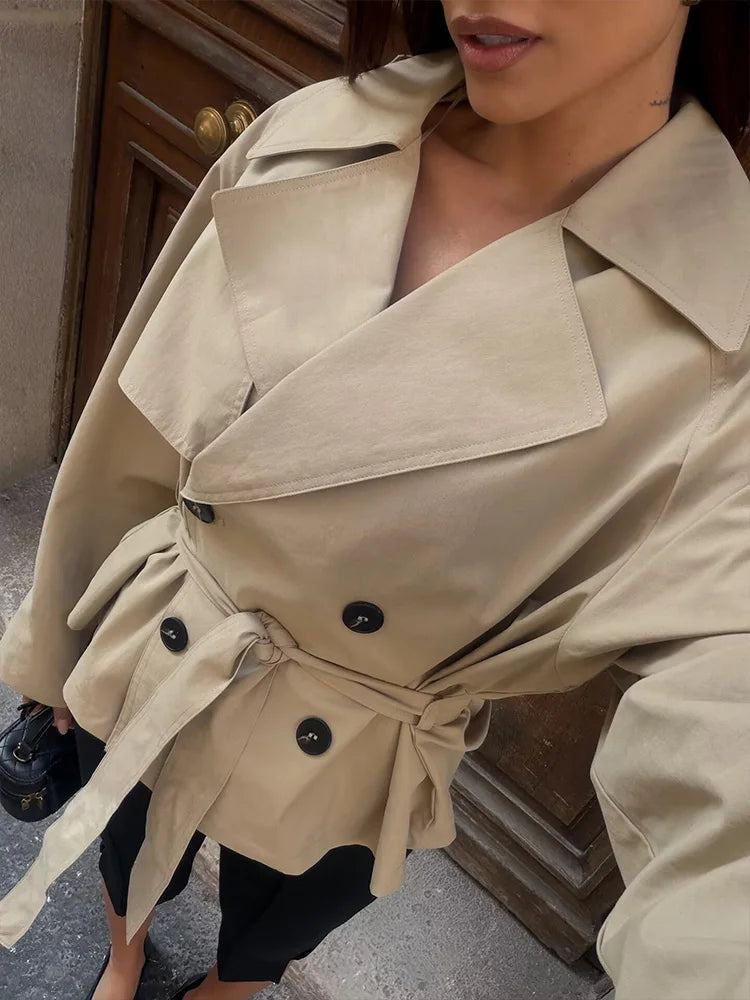 HH Spring Women Elegant Lapel Belt Shoulder Pad Solid Short Windbreaker Female High Street Double Breasted Long Sleeve Jacket