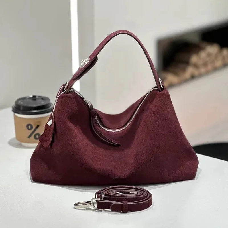 Russian Women's Genuine Suede Cowhide Leather Shoulder Bag Retro Frosted Cow Large Capacity Versatile Commuting Luxury Designer