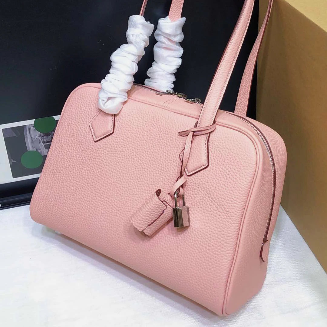 Genuine Leather Bowling Bag for Women, Top Layer Cowhide Handbag, Large Capacity Top Handle Bag, Small & Large Size