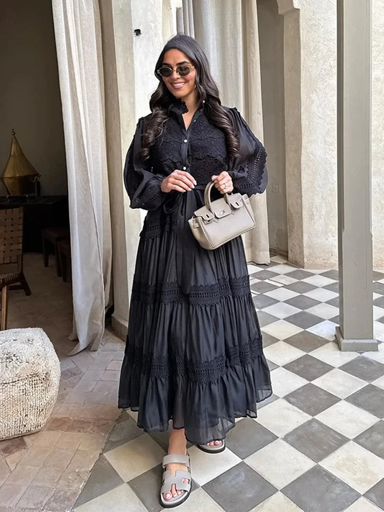 Elegant Hollow Out Women's Long Dresses Lantern Sleeves Lace Up Pearl Single Breasted Dress 2026 Spring Summer Female Solid Robe