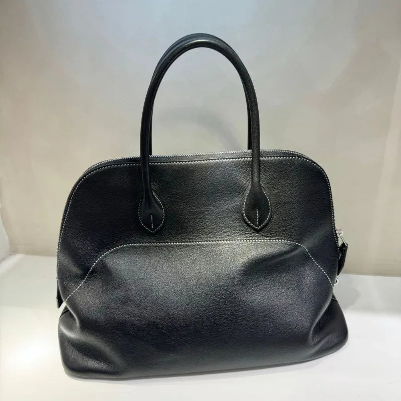 Light Luxury High-end Hand-stitched Bowling Handbag, First-layer Cowhide Shell Bag, Large-capacity Commuter Versatile Bag