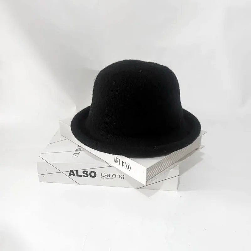 Wool Knit Bucket Hat for Women Japanese Simple Fedora Small Topper Hat Casual Ladies Solid Color British Top Hat Rolled Brim