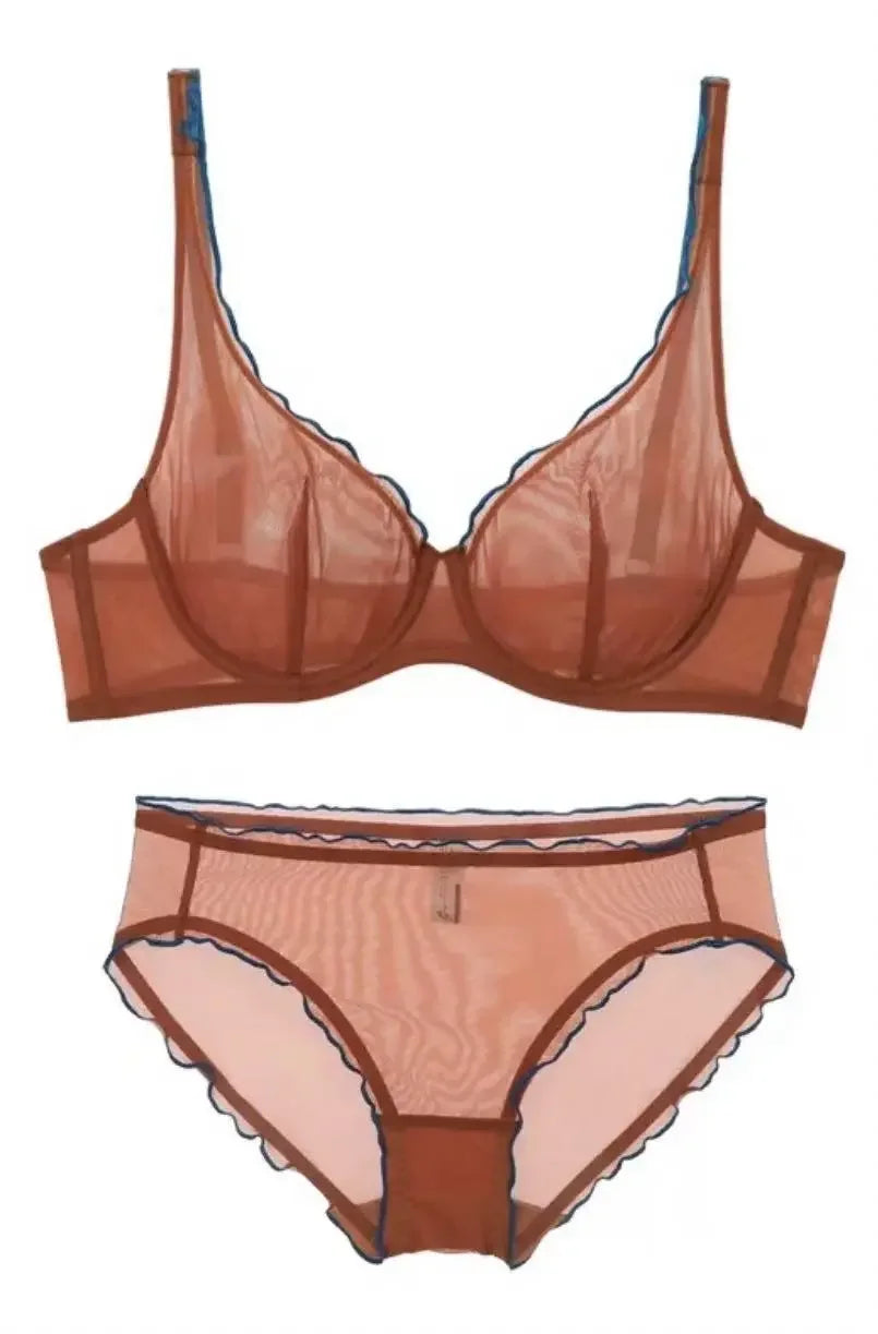 European Luxury Lingerie Set Full Cup Sheer Ultra Thin Bra & Panty Set Sexy Comfort for Women Large Small MOYISU Sexy Tushy S-XL