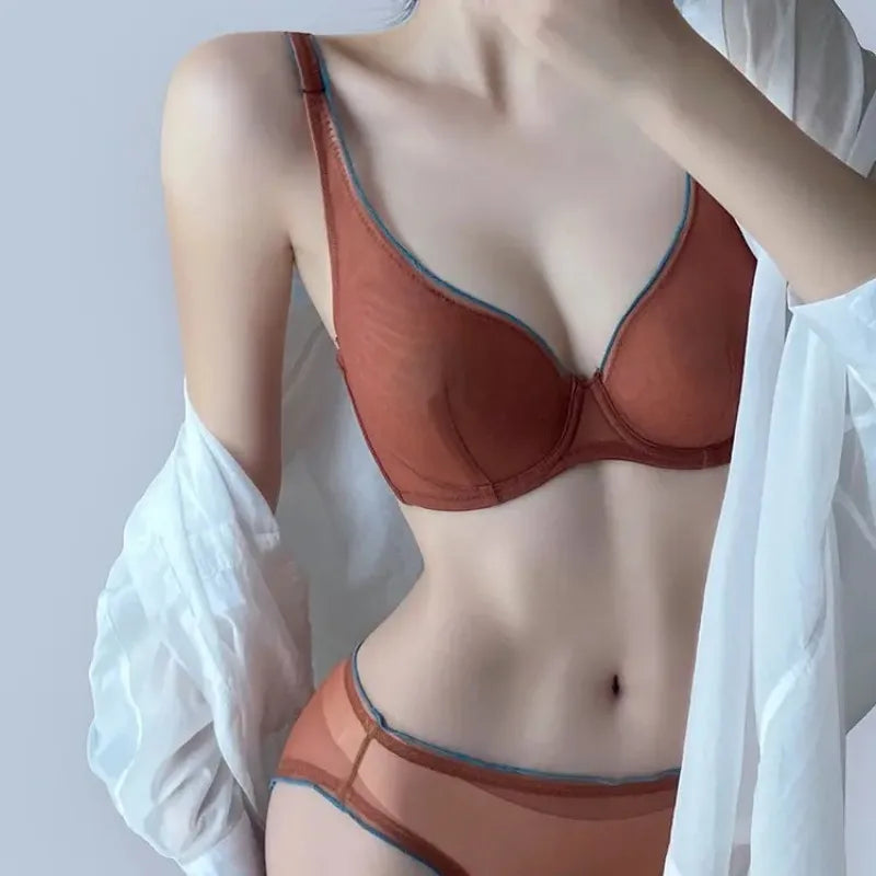 European Luxury Lingerie Set Full Cup Sheer Ultra Thin Bra & Panty Set Sexy Comfort for Women Large Small MOYISU Sexy Tushy S-XL